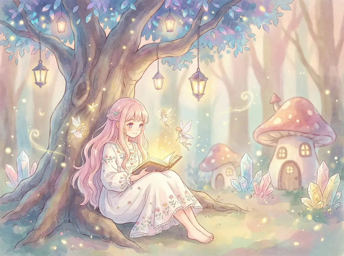 午夜福利 - 魔法森林中阅读故事书的粉发少女与精灵